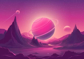 Acrylic prints Pink A mountain landscape on an alien planet with a planet in space. Pink and purple wallpaper background illustration.