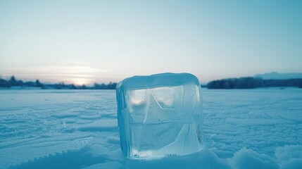an ice block sitting in the middle of a snow covered field with the sun setting in the distance behind it.