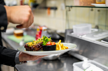 Professional chef in a kitchen presenting a plate of grilled steak, fries, and salad. The focus is on the appealing food under bright lighting.