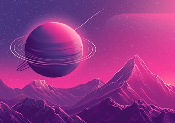 A mountain landscape on an alien planet with a planet in space. Pink and purple wallpaper background illustration.