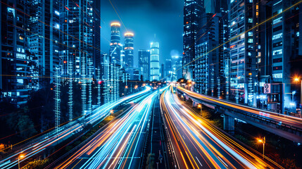 Fototapeta na wymiar Urban Night Traffic, Fast Movement on City Roads, Light Trails and Dynamic Speed Concept, Dark Sky and Buildings