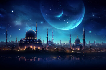 a mosque silhouette against a Ramadan night sky, with a crescent moon and stars. Ramdan Kareem & Eid Mubark.  - obrazy, fototapety, plakaty