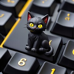 Black cat with yellow eyes sits on the keycaps