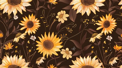 sunflowers, boho, doodle, seamless pattern, on brown background