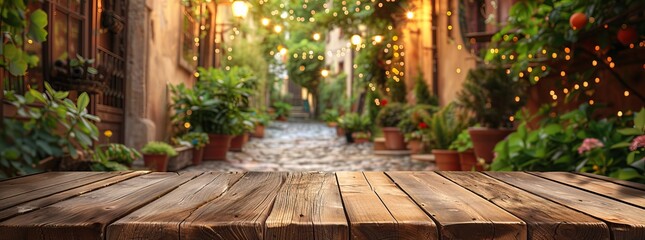 Antique wooden table in focus with a romantic alleyway and warm hanging lights blurred in the background, evoking an enchanting evening mood.