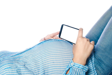 Happy pregnant girl lies on white background