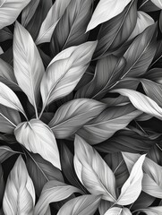 Black and white leaves are scattered on the ground, creating a pattern against the natural backdrop.