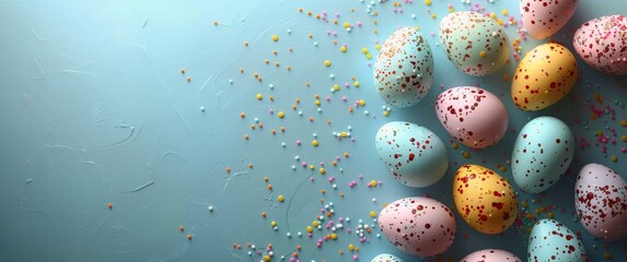 Fototapeta na wymiar Group of Eggs With Sprinkles on Blue Surface