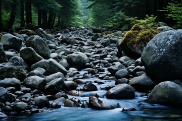 Naklejka na ściany i meble Mossy Forest river rocks. Nature creek. Generate Ai