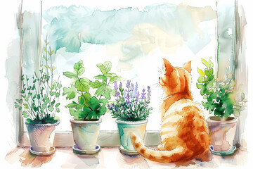 Cute kitten and plant in a pot. Herb  near window. Banner