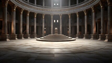 Interior of an ancient temple with an empty dais.