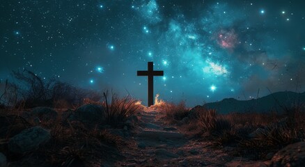 Cross on Hill With Starry Sky