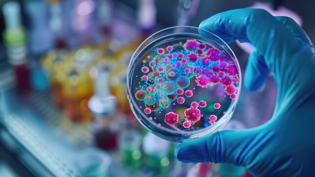 VRE bacteria in a clinical laboratory setting, showcasing microscopic views and scientific equipment under bright, clinical lighting for emphasis on scientific analysis.