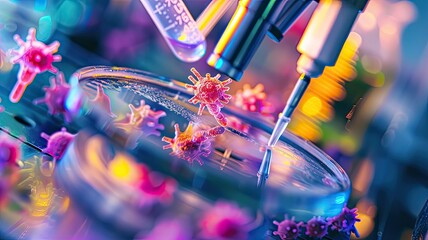 VRE bacteria in a clinical laboratory setting, showcasing microscopic views and scientific equipment under bright, clinical lighting for emphasis on scientific analysis.