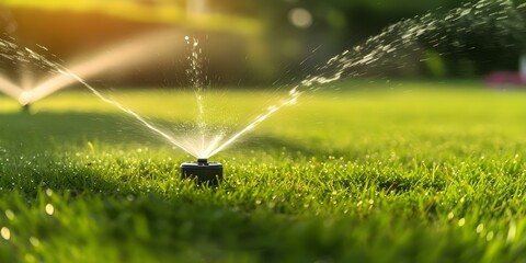 Efficient irrigation system hydrating lush green lawn with automated sprinklers. Concept Automated Sprinkler System, Efficient Irrigation, Lush Green Lawn, Water Conservation, Smart Technology - obrazy, fototapety, plakaty