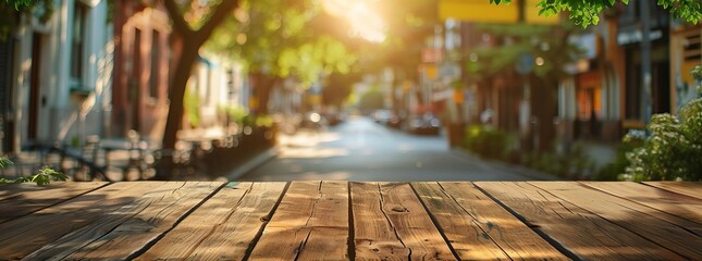 Fototapeta na wymiar Rustic wooden tabletop foreground with a radiant, blurred city street and sunburst through trees, conveying a lively summer day.