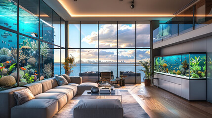 Giant saltwater fish tank in a modern penthouse apartment with floor to ceiling windows. Generative AI. - obrazy, fototapety, plakaty