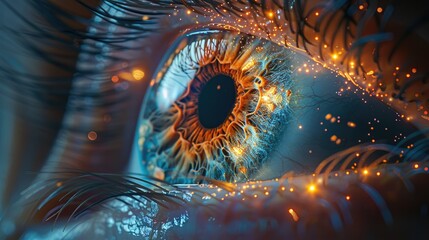 The visual similarity of the cosmic nebula and the iris of the eye with its intricate patterns and colors. Generative AI.