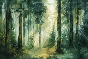 An enchanting watercolor depiction of a mystical forest with sunlight streaming through the tall trees