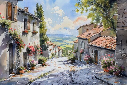 A watercolor painting of an old charming street in a European village with cobblestone paths quaint houses blooming flowers and a distant view of rolling hills