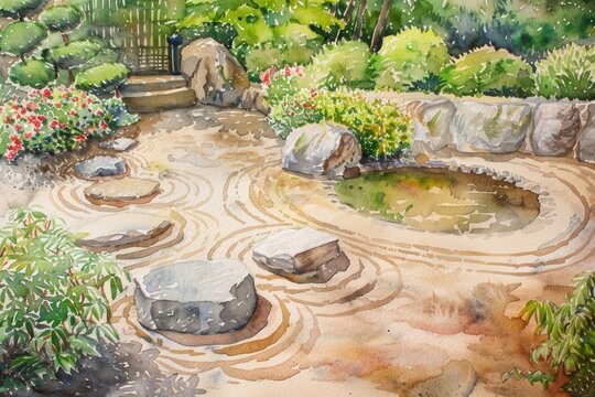 A watercolor painting capturing the serenity of a Zen garden with smooth stones raked sand patterns a small pond and tranquil minimalist greenery and blossoms