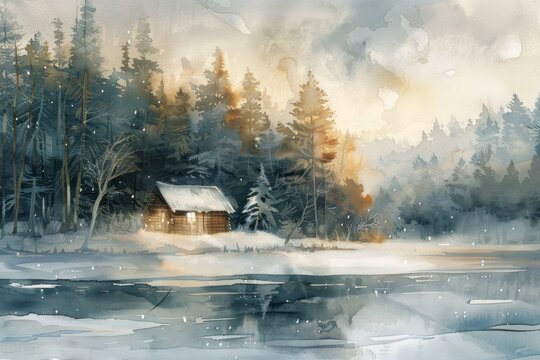 A watercolor image of a serene winter landscape showcasing a frozen lake surrounded by snowcovered pine trees with a small wooden cabin emitting a warm inviting glow