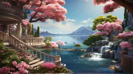 Foto op Aluminium Wallpaper Serene Waterfall Oasis with Cherry Blossoms and Mountain View. Painting , luxuy wall art , Landscapes   © Jackosnart-k