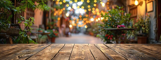 Charming wooden table with a lively blurred alley adorned with string lights and greenery, evoking a festive evening mood.