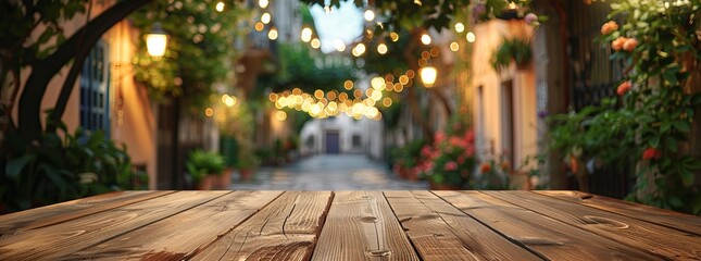 Charming wooden table with a lively blurred alley adorned with string lights and greenery, evoking a festive evening mood.