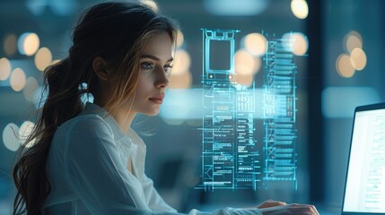 Beautiful corporation woman works on computer, background digital hologram. Generative AI.