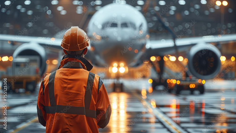 Poster Worker with logistic job. logistics, airplane, front view. Generative AI.