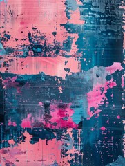 An abstract painting featuring swirls and splashes of pink and blue colors, creating a vibrant and dynamic composition.