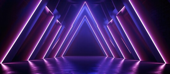 A dark room is illuminated by a tunnel of violet neon lights, forming abstract triangular arches that glow brightly against the darkness. The neon lights create a mesmerizing and futuristic atmosphere
