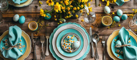 Happy Easter Festive Easter table setting with Easter eggs and flowers, Easter banner, greeting card Easter background with copy space.