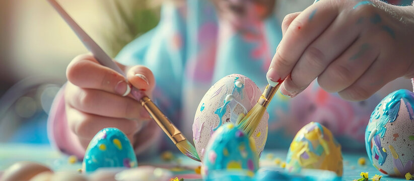 Easter, child's hands paint eggs, handmade Easter, DIY Easter banner