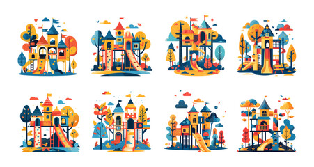 Children playgrounds minimalistic cartoon vector set. Kids game spaces slides swing castles towers, nature trees clouds birds stylized background, isolated colorful illustrations - obrazy, fototapety, plakaty