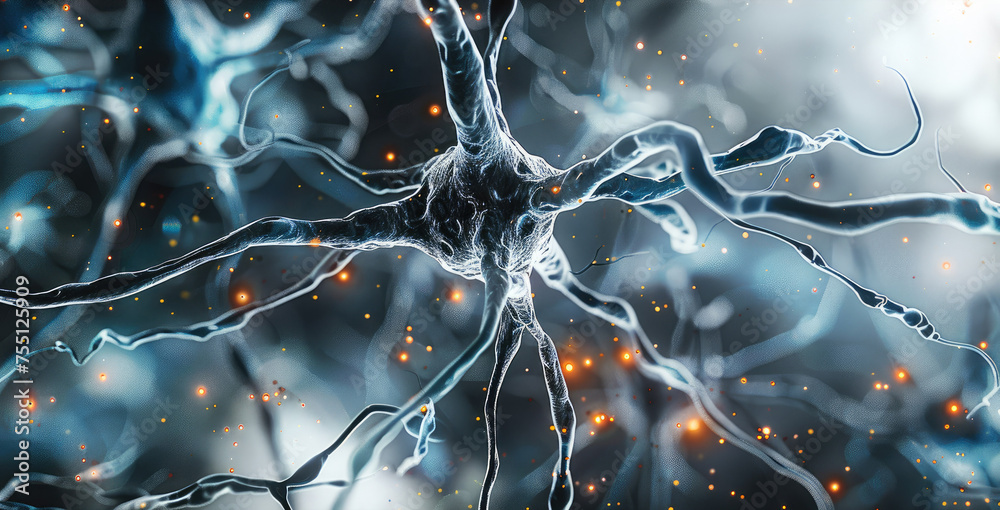 Aufkleber microscope view of nervous system, nerve cell. generative ai.