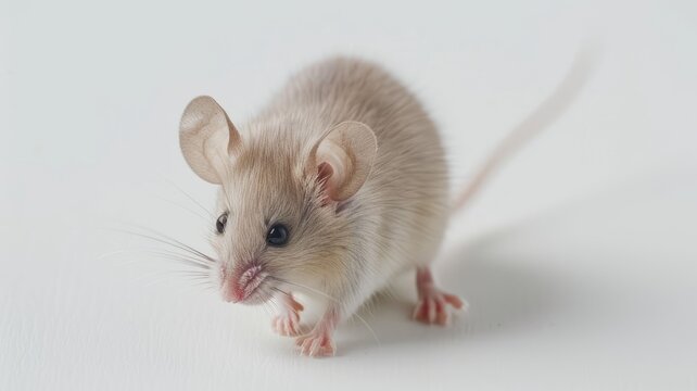 a white, grey, or black harvest or house mouse against a pristine white background, showcasing its natural appearance and behavior.