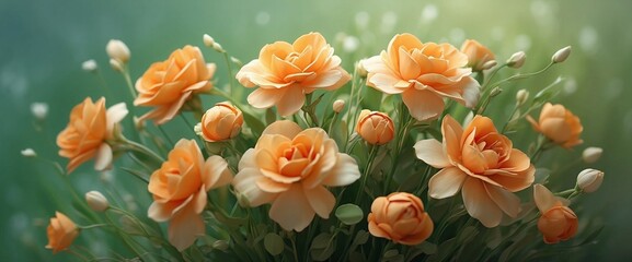 Bouquet of Soft Orange Flowers on Top of Lush Green Field, Soft Pastel Tones, Flower Buds, Soft Orange and White, Desktop Wallpaper