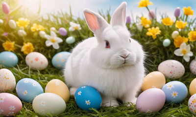 Fototapeta premium Cute white bunny sitting on a green lawn surrounded by colorful painted Easter eggs and spring flowers on a sunny day. Fluffy rabbit on grass with colorful eggs on Easter