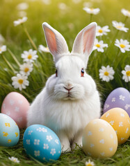 White fluffy bunny sitting on green grass with beautiful spring flowers in rays of sunshine with colorful painted eggs for Easter. Cute little rabbit and painted eggs as a symbol of Easter holiday