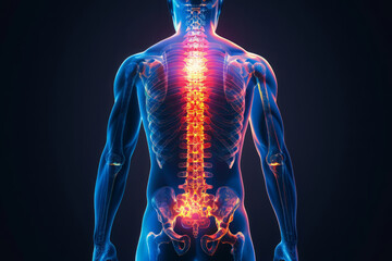 back pain in humans. a blue transparent contour and a spine highlighted in red, inflammation. human anatomy. black background.