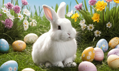 Cute white bunny sitting on a green lawn surrounded by colorful painted Easter eggs and spring flowers on a sunny day. Fluffy rabbit on grass with colorful eggs on Easter