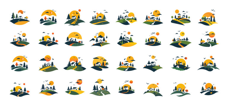 Countryside houses logo vector set. Outside city life real estate field forest hills trees sun nature environment colored icons isolated on white background