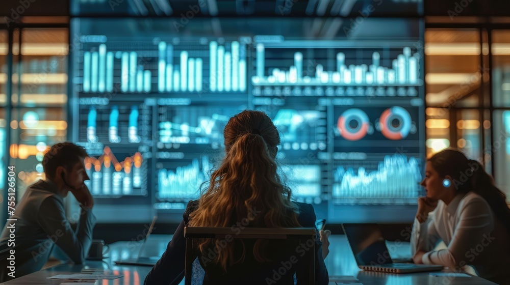 Poster Group of people seated in a business room with a large screen showing statistics in background. Generative AI.