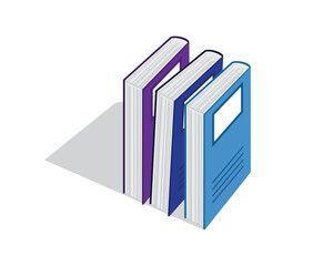 Printvector design of three notebooks, each in light blue and dark blue and also purple as seen from an isometry or 3D angle