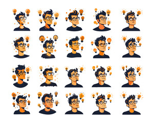 Obraz premium Creative idea avatars cartoon vector set. Guy light bulbs coming up ideas nerd it character, thinking person icon isolated on white background
