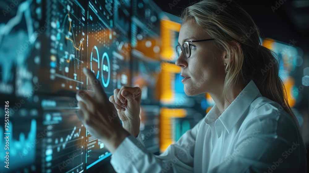 Poster An employee engaging with a digital dashboard that displays key performance indicators, emphasizing the closeness to performance data. Generative AI.