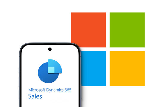 Microsoft Dynamics 365 Sales Logo is displayed on a modern smartphone, Microsoft Logo behind, business, artificial intelligence, enterprise resource planning (ERP), management