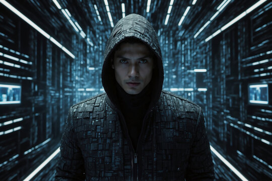 Geheimnisvoller Hacker mit Kapuze im futuristischen Datenkorridor